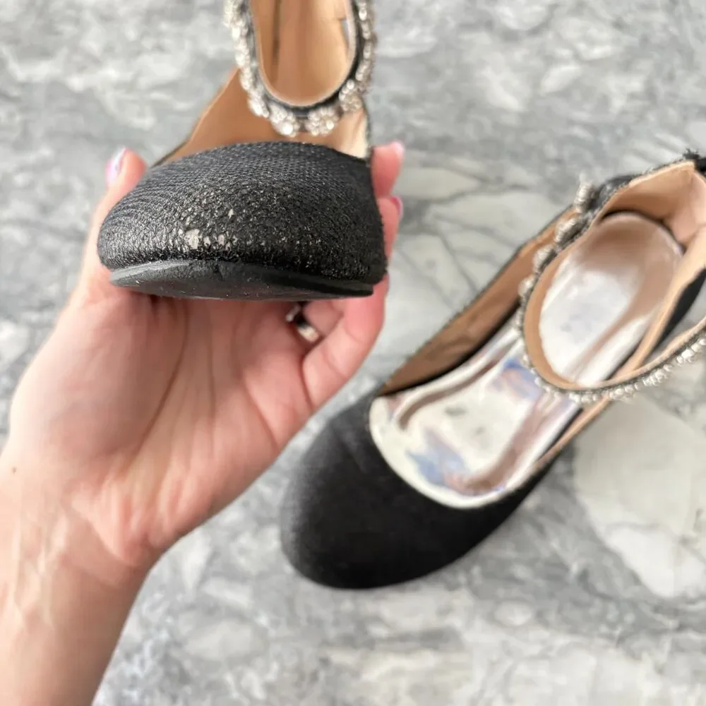 Badgley Mischka Ankle Strap Embellished Girls' Glitter Pump Shoes Black Size 13